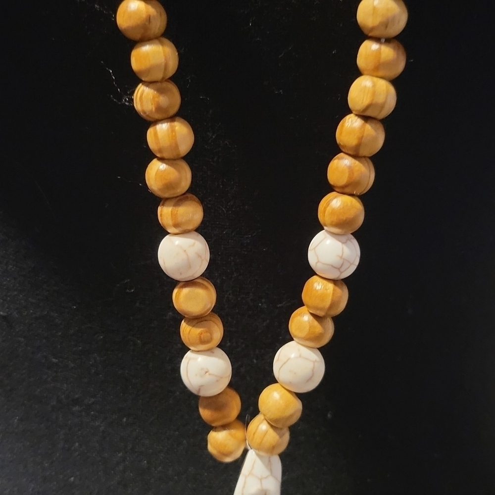 Vintage Boho Wooden Bead Stone Long Tassel Necklace - Picture 3 of 4